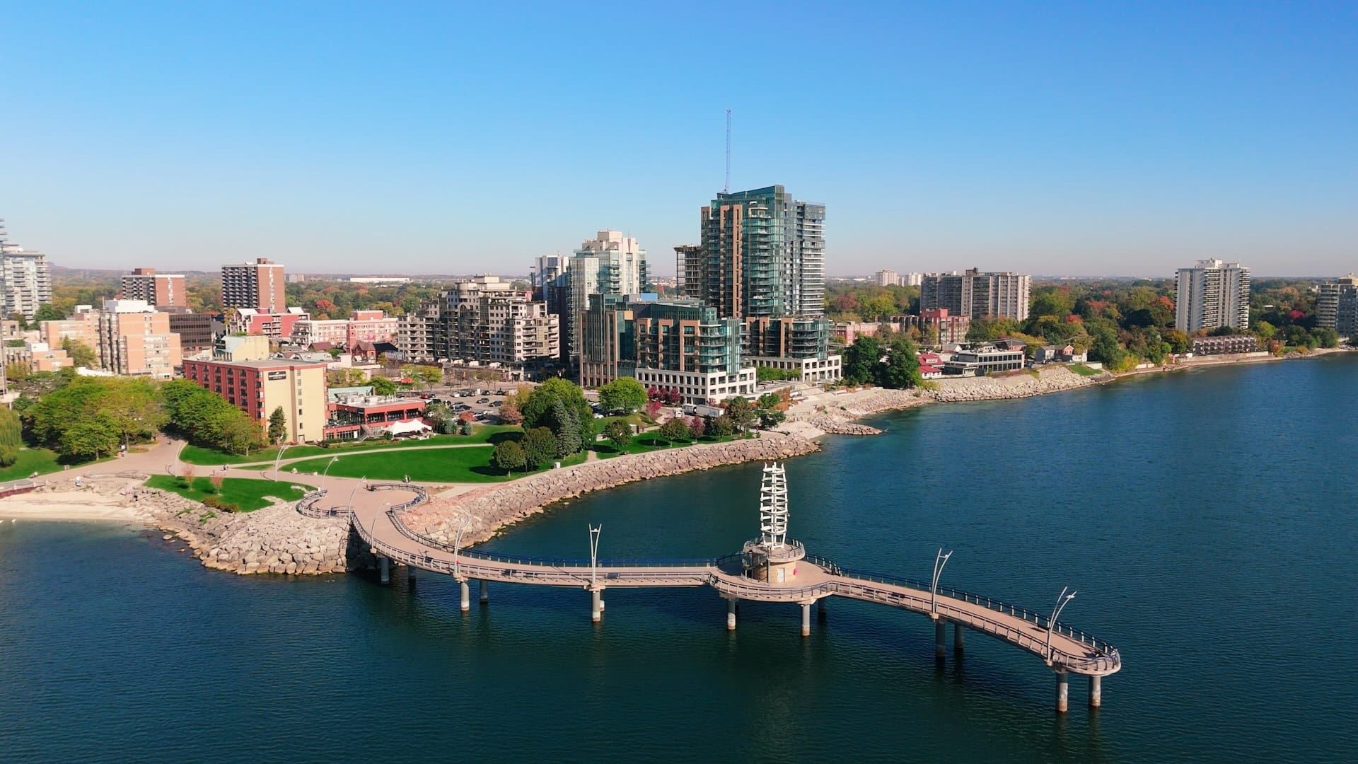 Aerial view of the Burlington waterfront and Brant Street Pier