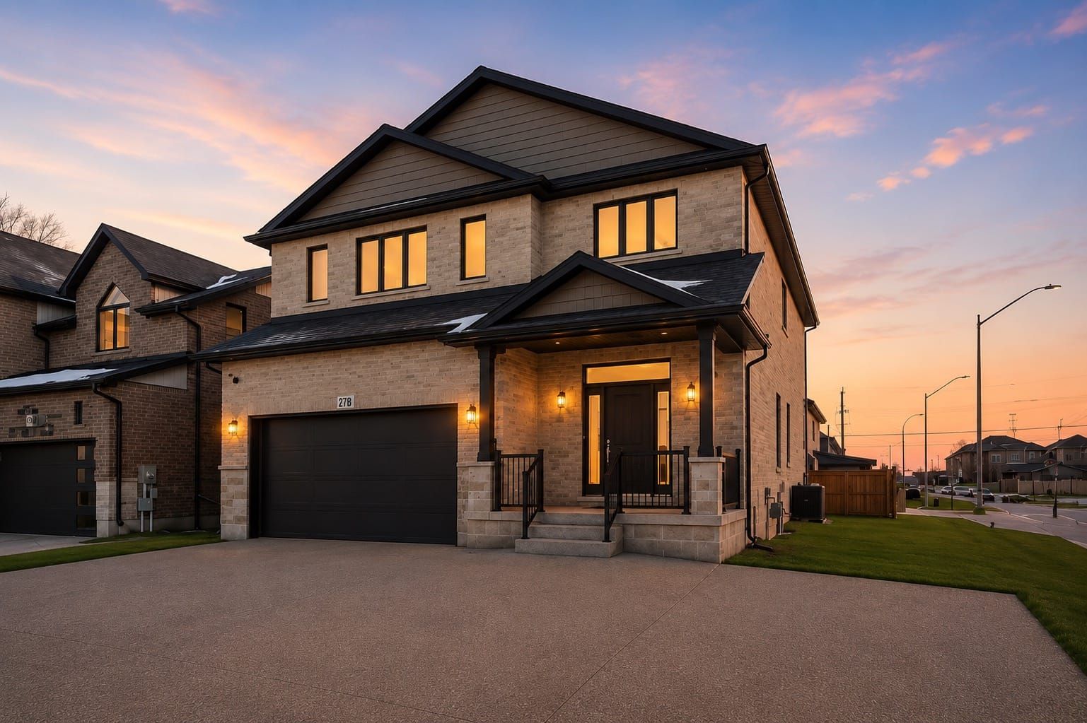 New two-storey stone and brick home at dusk, Klein Circle, Ancaster