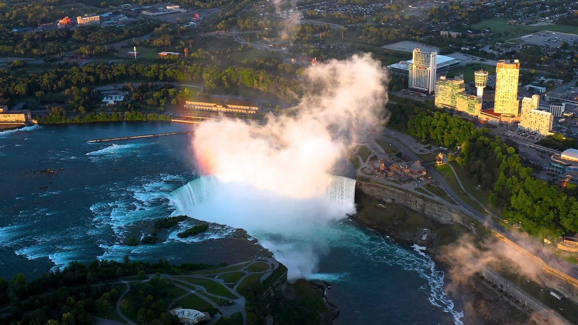 Aerial view of the Horseshoe Falls and Niagara Falls, Ontario, at sunset